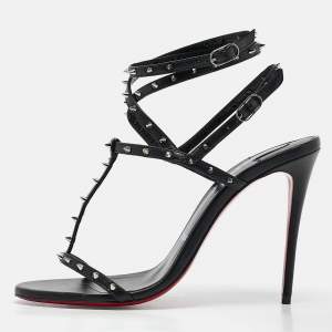 Christian Louboutin Black Leather Bombina Spikes Sandals Size 37