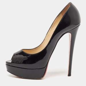 Christian Louboutin Black Patent Leather Lady Peep  Pumps Size 38