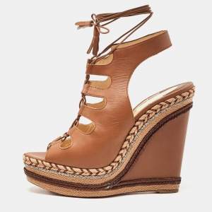 Christian Louboutin Brown Leather Spagana Wedge Sandals Size 42