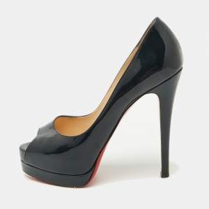 Christian Louboutin Navy Blue Patent Leather Lady Peep Toe Platform Pumps Size 37