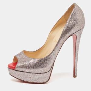 Christian Louboutin Metallic Glitter Lady Peep Toe Platform Pumps Size 38.5