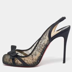 Pre Owned Christian Louboutin Black/Beige Lace Slingback Pumps Size 40