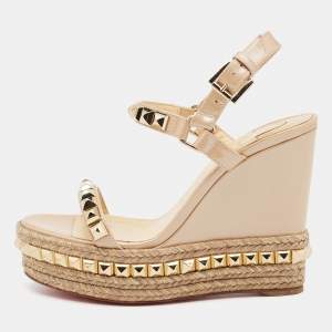 Christian Louboutin Beige Patent Leather Pyraclou Wedge Sandals Size 37