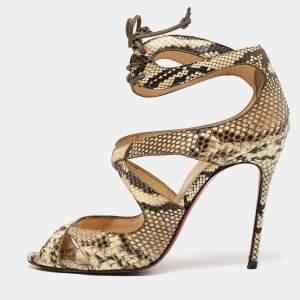 Christian Louboutin Brown/Beige Python Leather Ankle Strap Sandals Size 38.5
