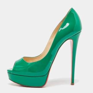 Pre Owned Christian Louboutin Green Patent Leather Lady Peep Pumps Size 38