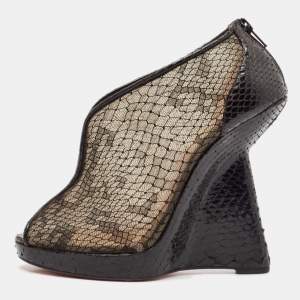 Christian Louboutin Black Mesh And Python Leather Janet Wedge Booties Size 39