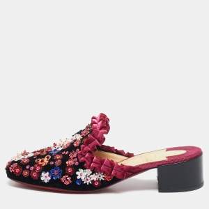 Christian Louboutin Multicolor Velvet Flower Embellished Mules Size 38.5