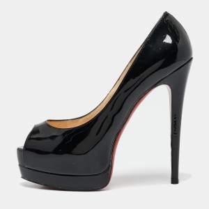 Christian Louboutin Black Patent Leather Lady Peep Toe Platform Pumps Size 38.5