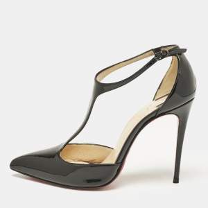 Christian Louboutin Black Patent Leather Pointed Toe T-Strap Pumps Size 35.5