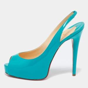 Christian Louboutin Turquoise Blue Patent Leather Private Number Peep Toe Slingback Pumps Size 38.5
