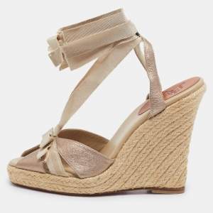 Christian Louboutin Gold Fabric and Leather Delfin Espadrille Wedge Sandals Size 39