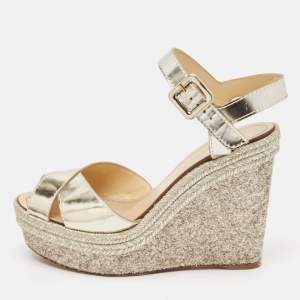 Christian Louboutin Metallic Leather Almeria Platform Wedge Sandals Size 38