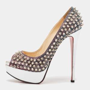 Christian Louboutin Metallic Lurex Fabric Lady Peep Spikes Pumps Size 35.5