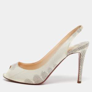 Christian Louboutin Cream/Grey Python Embossed Leather Peep Toe Slingback Sandals Size 38