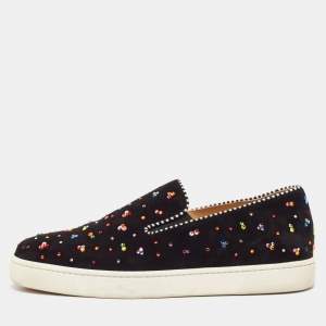 Christian Louboutin Black Suede Crystal Boat Slip On Sneakers Size 40