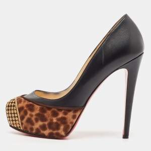 Christian Louboutin Black/Brown Leopard Print Calf Hair and Leather Maggie Platform Pumps Size 37