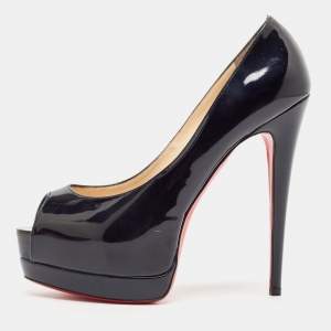 Christian Louboutin Black Patent Leather Palais Royal Peep Toe Platform Pumps Size 38