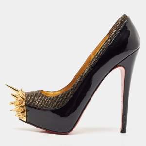 Christian Louboutin Black/Gold Patent Leather and Lurex Fabric Asteroid Spike Pumps Size 36.5