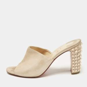 Christian Louboutin Beige Shimmer Suede Spike Heel Slide Sandals Size 39.5