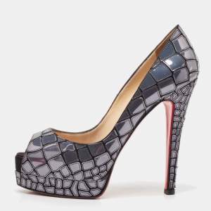 Christian Louboutin Slate Grey/Black Patent and Satin Mosaic Sobek Platform Pumps Size 36