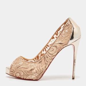 Christian Louboutin Beige Floral Lace and Leather Lady Peep Toe Platform Pumps Size 40