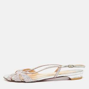 Christian Louboutin Pink/Silver Suede Crystal Embellished Slingback Flat Sandals Size 38