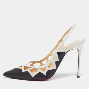 Christian Louboutin Black/White Leather Triangular Cut-Out Slingback Pumps Size 40