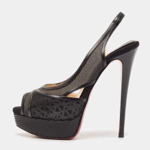 Christian Louboutin Black Mesh, Leather and Rubber Marina Slingback Platform Pumps Size 37.5