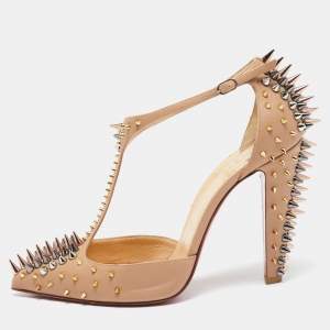Christian Louboutin Beige Leather Goldostrap Spike Pumps Size 38
