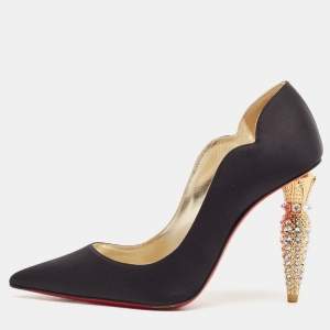 Christian Louboutin Black Satin Lipstrass Pumps Size 36.5