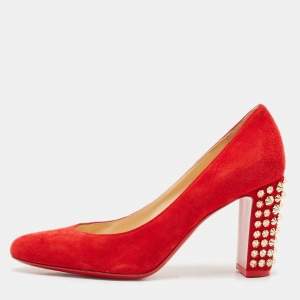 Christian Louboutin Red Suede Spiked Block Heels Pumps Size 38.5