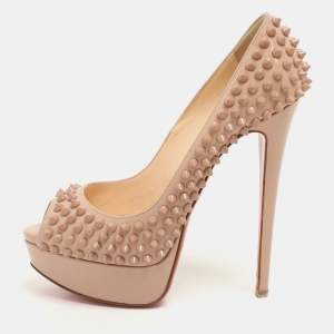 Christian Louboutin Beige Patent Leather Lady Peep Spikes Platform Pumps Size 36.5