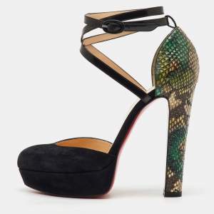 Christian Louboutin Black/Green Suede and Python Ankle Strap Platform Pumps Size 38.5