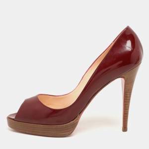 Christian Louboutin Red Patent Leather Peep Toe Platform Pumps Size 40.5