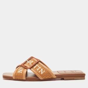 Christian Louboutin Brown Logo Canvas and Leather Crossimule Flat Slides Size 40