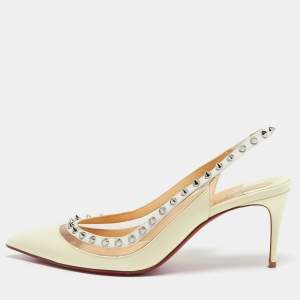 Christian Louboutin Cream/Transparent Patent and PVC Brigandine Spike Slingback Pumps Size 37