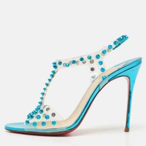 Christian Louboutin Blue Turquoise Spiked PVC J-Lissimo T Strap Sandals Size 38.5