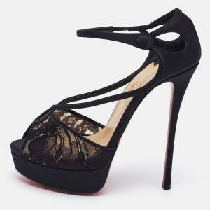 Christian Louboutin Black Lace and Satin Platform Sandals Size 38