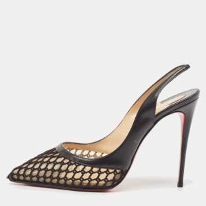 Christian Louboutin Black Leather and Net Miluna Slingback Pumps Size 38