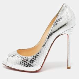 Christian Louboutin Silver Python Flo Peep Toe Pumps Size 37