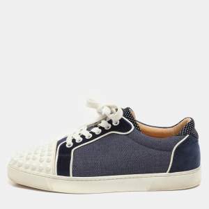 Christian Louboutin Blue/White Denim And Leather Vieira Spikes Low Top Sneakers Size 37