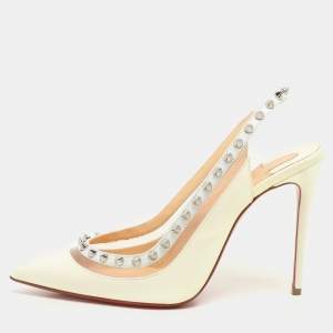 Christian Louboutin Cream Patent Leather and PVC Brigandine Spike Slingback Pumps Size 36.5
