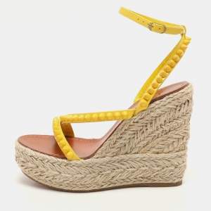 Christian Louboutin Yellow Patent Leather Mafaldina Zeppa Wedge Ankle Strap Sandals Size 37