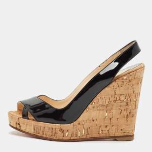 Christian Louboutin Black Patent Leather Cork Wedge Sandals Size 36