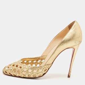 Christian Louboutin Gold Woven Leather Altressita Round Toe Pumps Size 37.5