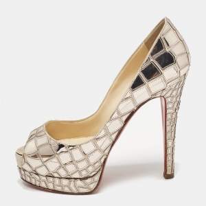 Christian Louboutin Metallic Mirror Leather and Satin Mosaic Sobek Platform Pumps Size 36.5