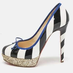 Christian Louboutin White/Black Striped Patent and Leather Foraine Pumps Size 41