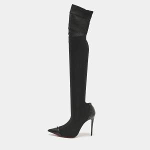 Christian Louboutin Black Knit Fabric and Leather Souricette Knee Length Boots 38