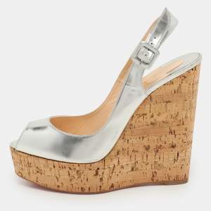 Christian Louboutin Silver Foil Leather Une Plume Peep-Toe Cork Wedge Sandals Size 40.5
