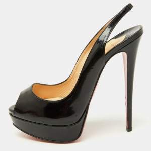 Christian Louboutin Black Patent Leather Lady Peep Slingback Pumps Size 39.5